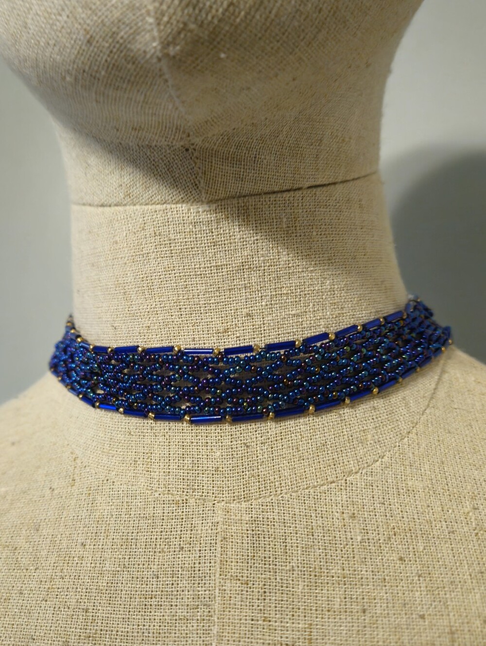 Iridescent Blue Seed-Bead Choker Necklace